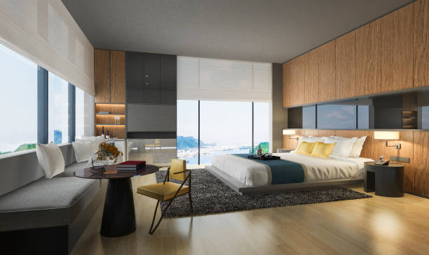 3d rendering nice sea view bedroom with luxury design 3d rendering interior and exterior design 1814 stock pictures, royalty-free photos & images