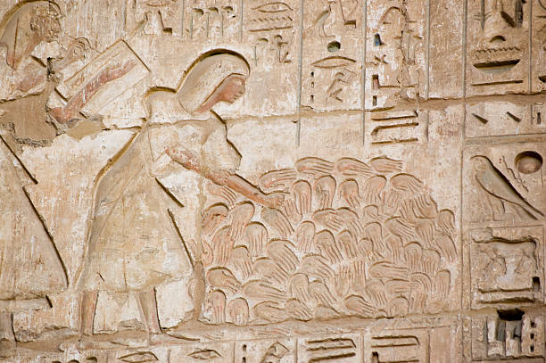 Ancient Egyptian war dead An ancient Egyptian carving showing scribes counting the hands of women killed in battle by the forces of Pharoah Ramses II.  Temple of Medinet Habu on the West Bank of the Nile at Luxor, Egypt. medinet habu stock pictures, royalty-free photos & images