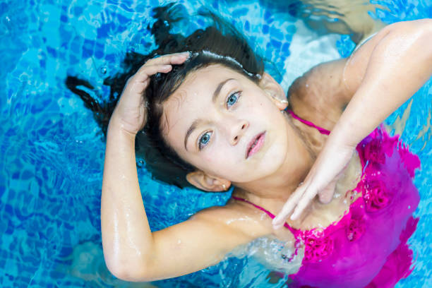 istock Little cute girl in pool with copy space 978721946