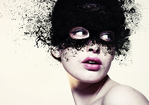 portrait of beautyful women with black-splash mask.photo compilation. photo and hand-drawing elements combined. The grain and texture added.