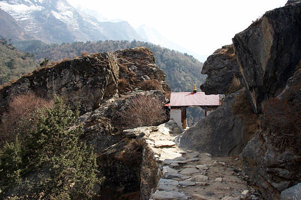 Small buddhist temple at Everest trail, Nepal stock photo