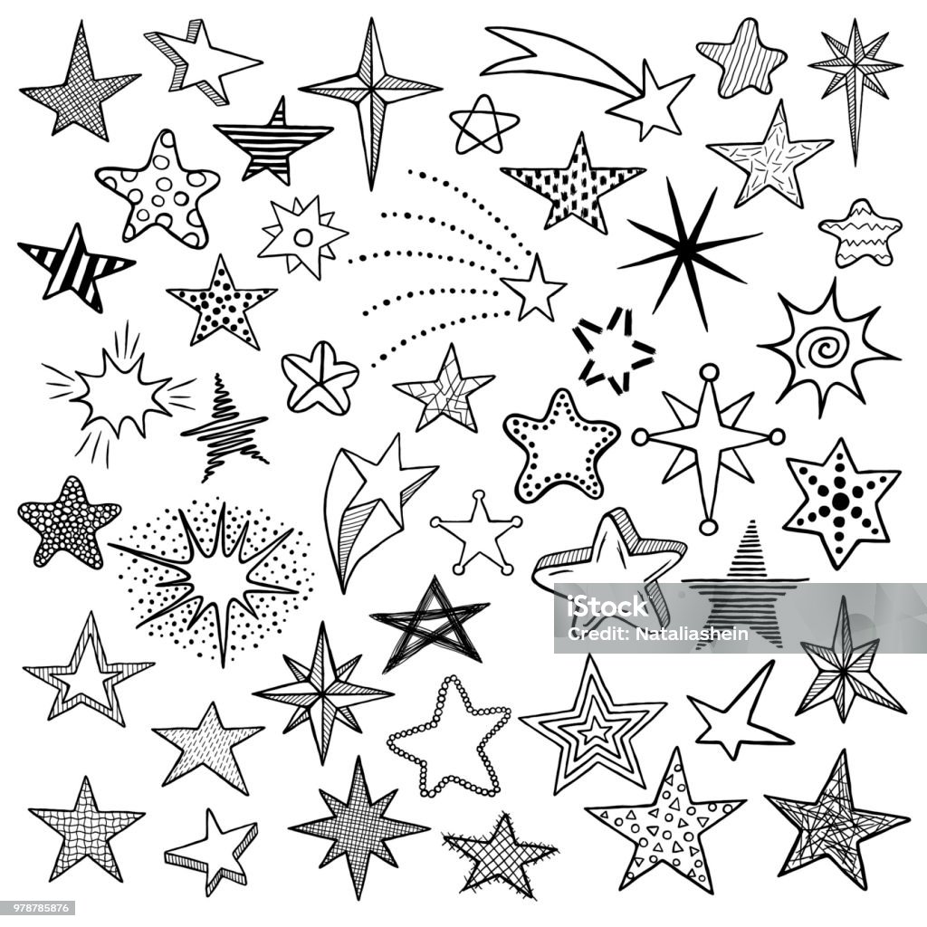 Hand drawn cute doodle stars and comets icons collection. Kids style sketches. Vector illustration Hand drawn doodle stars and comets icons collection. Kids style sketches. Vector illustration Star - Space stock vector