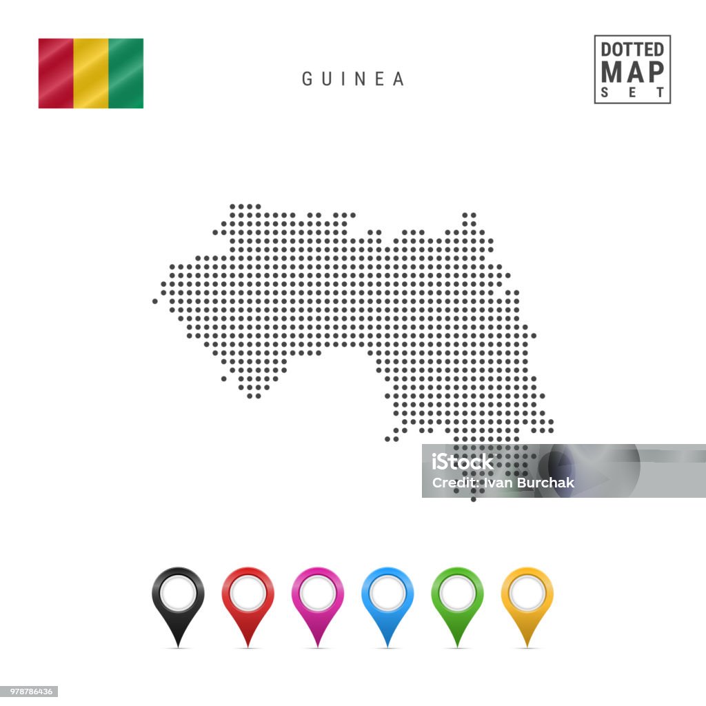 Vector Dotted Map of Guinea. Simple Silhouette of Guinea. The National Flag of Guinea. Set of Multicolored Map Markers Dotted Map of Guinea. Simple Silhouette of Guinea. The National Flag of Guinea. Set of Multicolored Map Markers. Vector Illustration Isolated on White Background. Africa stock vector