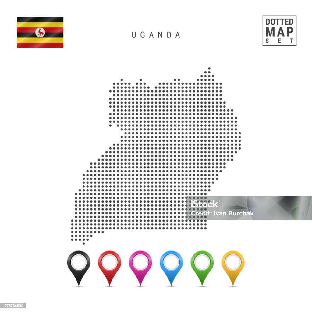 Dots Pattern Vector Map of Uganda. Stylized Silhouette of Uganda. Flag of Uganda. Set of Multicolored Map Markers Dots Pattern Map of Uganda. Stylized Simple Silhouette of Uganda. The National Flag of Uganda. Set of Multicolored Map Markers. Vector Illustration Isolated on White Background. Cartography stock vector