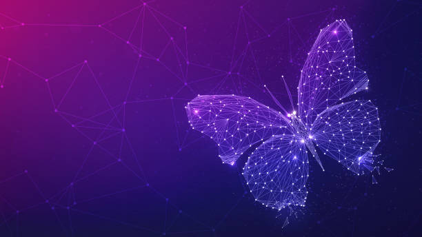 ilustrações, clipart, desenhos animados e ícones de borboleta de polígono no banner de hud blockchain - butterfly net