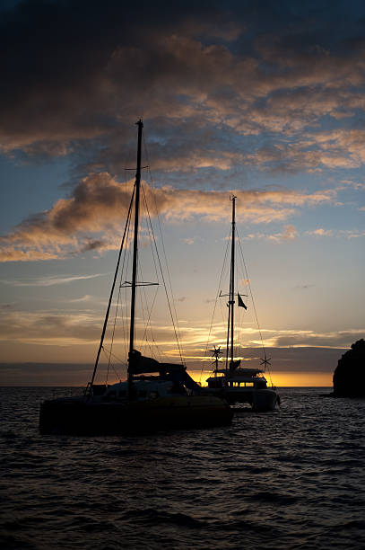 Sunset and catamarans. stock photo