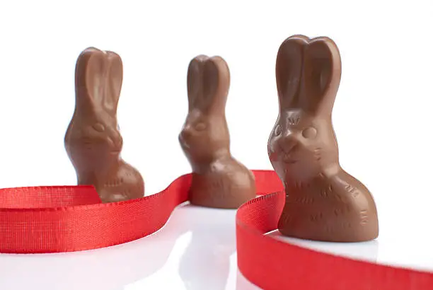 Photo of Easter bunnies with red ribbon