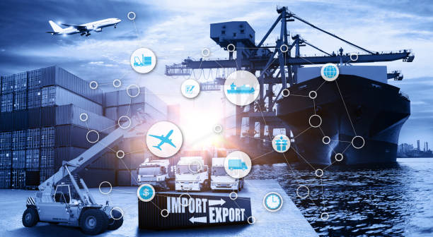 World map with logistic network distribution on background. Logistic and transport concept in front Logistics Industrial Container Cargo freight ship for Concept of fast or instant shipping, Online goods orders worldwide mapa mundial con la red logística de distribución en el fondo. enviar el concepto de logística y transporte en frente la carga logística industrial carga por concepto de rápido o inmediato envío, pedidos de productos en línea en todo el mundo