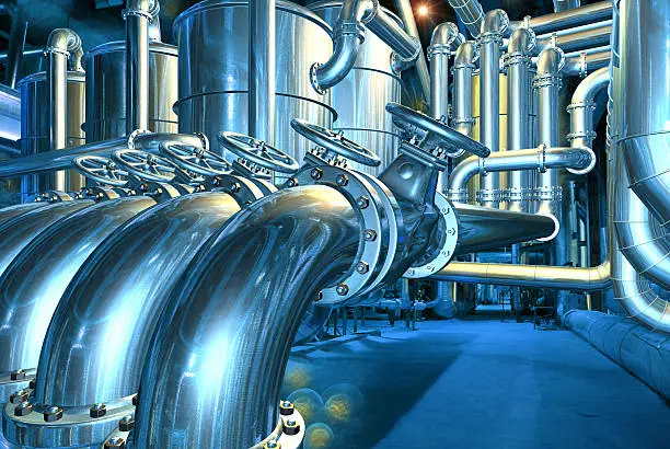 Big pipeline in the abstract refinery. Computer graphic image. 3D rendering illustration.