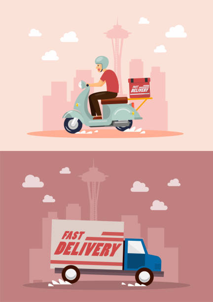 Delivery service by van and motorbike Delivery service by van and motorbike. Vector illustration cartoon of the seattle city stock illustrations