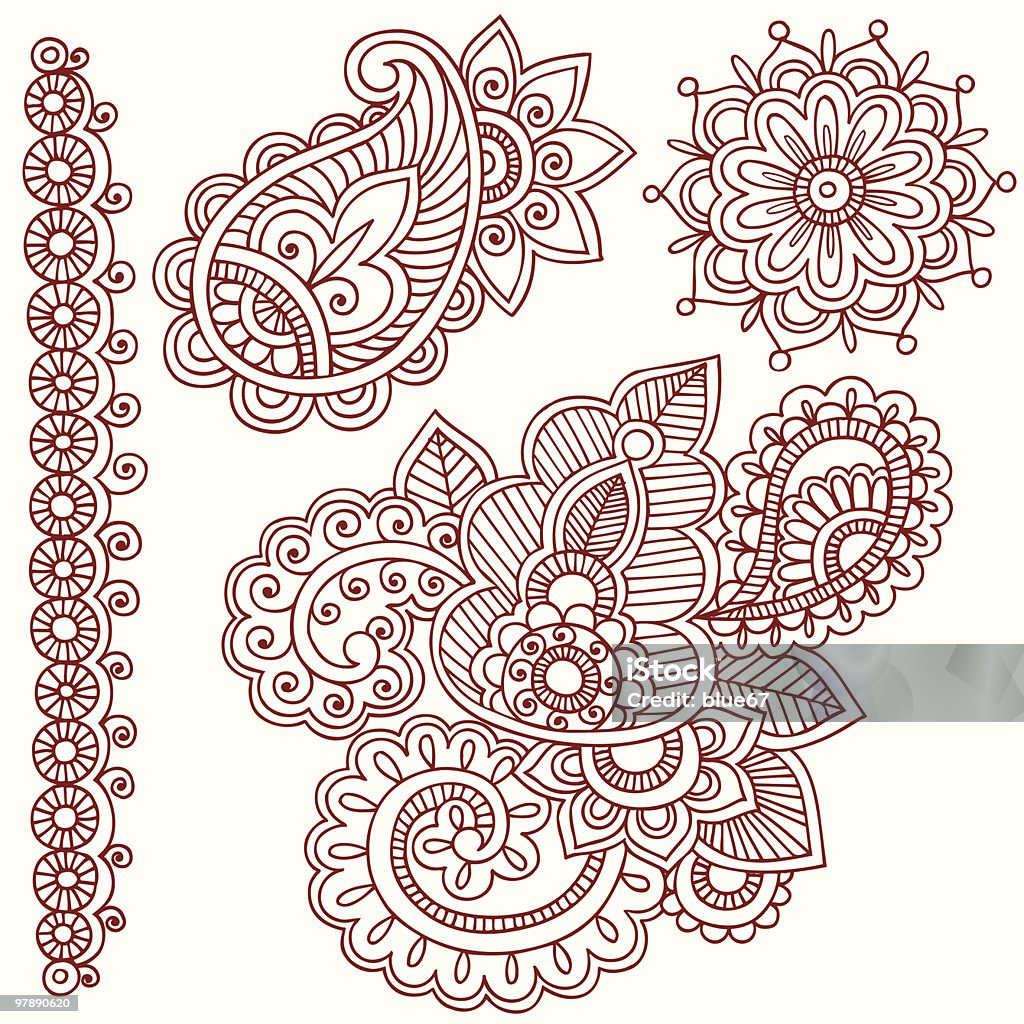 Henna Mehndi Doodle Paisley Design Elements Hand-Drawn Henna (mehndi) Flowers and Paisley Tattoo Doodles Vector Illustration. Abstract stock vector