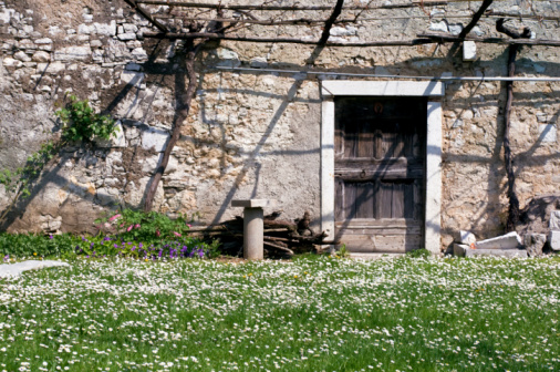 Stone wall and wooden door in Galicia, Spain.