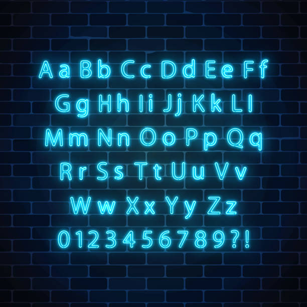 벡터 네온 스타일 폰트입니다. 빛나는 네온 알파벳 대문자 및 소문자 어두운 벽돌에 배경 벽. - lowercase stock illustrations