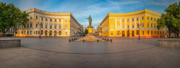 Odessa Seaside Boulevard in Ukraine ODESSA, UKRAINE - 05.16.2018. Giant staircase and Monument to Duc de Richelieu on Primorsky Boulevard in the city of Odessa, Ukraine. Panoramic view in a summer morning odessa ukraine stock pictures, royalty-free photos & images