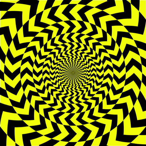 Abstract op art yellow and black background. Oposite arrows forming a vortex pattern Abstract op art yellow and black background. Oposite arrows forming a vortex pattern moving optical illusions stock illustrations