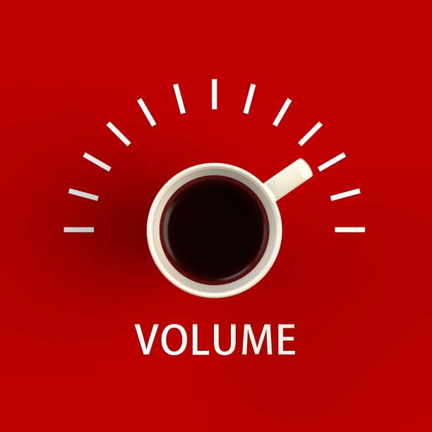vista superior de uma xícara de café em forma de controle de volume isolado sobre fundo vermelho, ilustração do conceito, renderização em 3d - fresh coffee audio - fotografias e filmes do acervo
