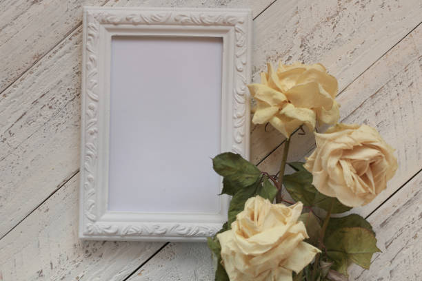 istock empty vintage frame and dry roses on white shabby chic background.empty interior frame.Vintage frame mockup. 978955738