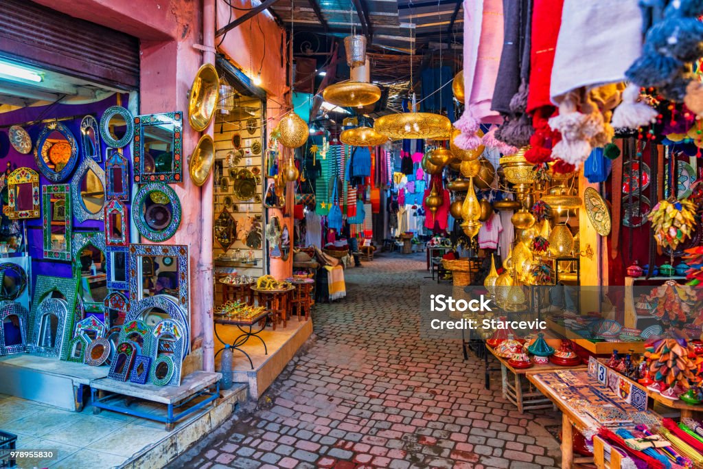 Typical souk market in the Medina of Marrakech, Morocco Marrakesh Stock Photo