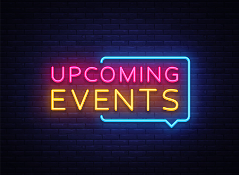 Upcoming Events neon signs vector. Upcoming Events design template neon sign, light banner, neon signboard, nightly bright advertising, light inscription. Vector illustration.