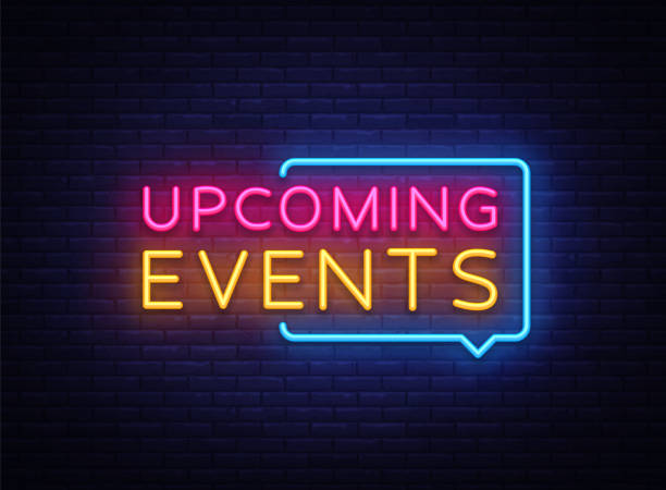 Upcoming Events neon signs vector. Upcoming Events design template neon sign, light banner, neon signboard, nightly bright advertising, light inscription. Vector illustration Upcoming Events neon signs vector. Upcoming Events design template neon sign, light banner, neon signboard, nightly bright advertising, light inscription. Vector illustration. upcoming events stock illustrations
