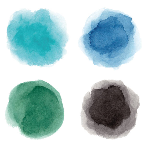 Round multicolored watercolor spots Set of cyan, blue, green, black vectorized round watercolor splashes. stained textures stock illustrations