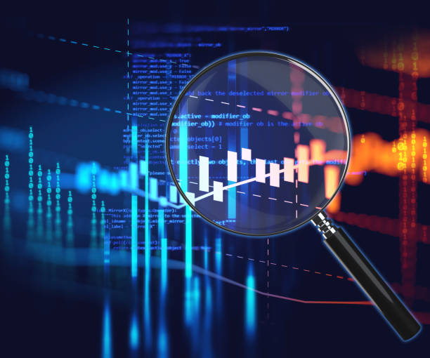 Magnifying Glass on financial graph background. 3d illustration