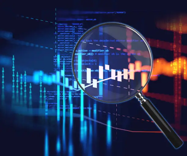 Photo of Magnifying Glass on financial graph background. 3d illustration