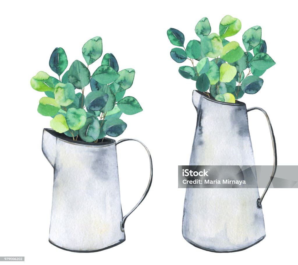 Set with metal jars and eucalyptus branches. Home decoration. Watercolor illustration Set with metal jars and eucalyptus branches. Home decoration. Watercolor illustration. Real watercolor painting Flower stock illustration