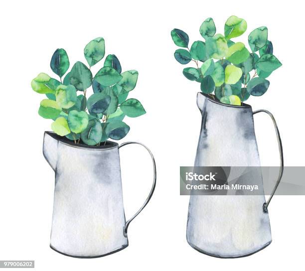 Set With Metal Jars And Eucalyptus Branches Home Decoration Watercolor Illustration Stock Illustration - Download Image Now