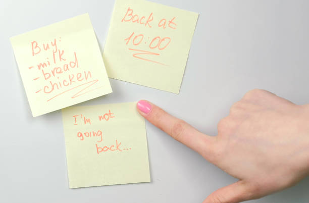istock Close up woman's hand sticks yellow sticker papers notes on a white board. Family notes. 979006568