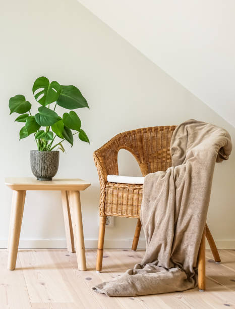 rattan armchair in simple living room interior - scandic imagens e fotografias de stock