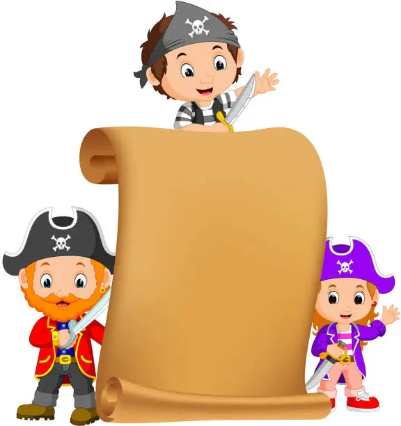 Vector illustration of a treasure map and three pirate