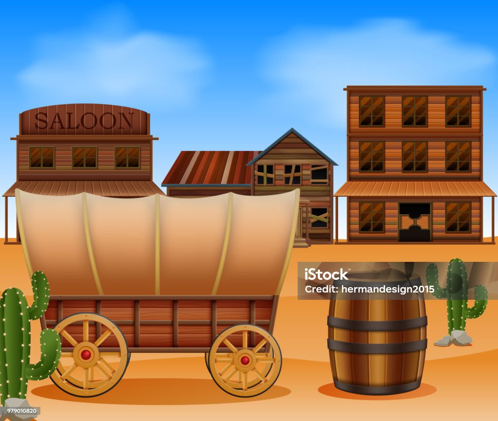 Western town with wooden wagon illustration of Western town with wooden wagon Alcohol Abuse stock vector