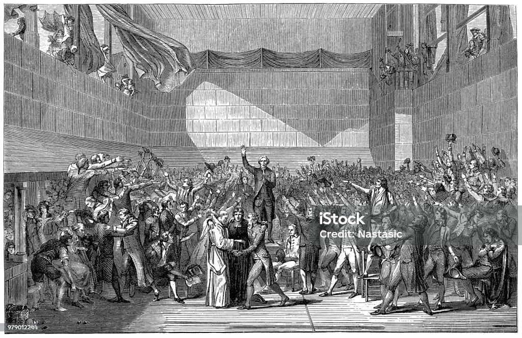 Revolution. 20th June, 1789. The meeting of the deputies of the National Assembly during the signing of the Tennis Court Oath, in Versailles. Illustration of a Revolution. 20th June, 1789. The meeting of the deputies of the National Assembly during the signing of the Tennis Court Oath, in Versailles. French Revolution stock illustration