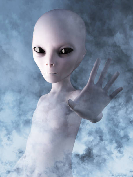3D rendering of an alien surrounded by smoke. Alien reaching out its hand. He is surrounded by smoke or clouds like it's a dream, 3D rendering. grey alien stock pictures, royalty-free photos & images