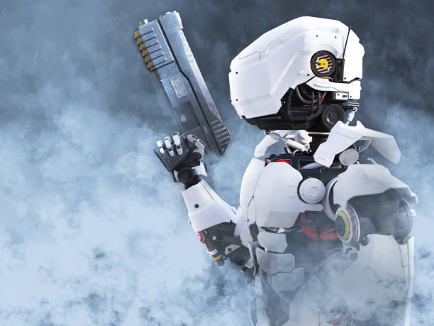3D rendering of a futuristic robot police or soldier holding a gun surrounded by smoke.