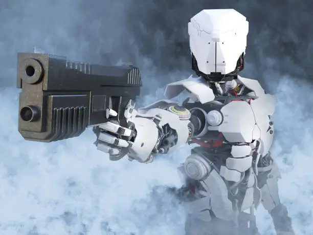 3D rendering of a futuristic robot police or soldier holding a gun surrounded by smoke.