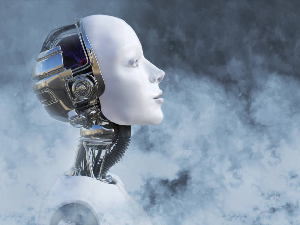 istock 3D rendering of female robot head surrounded by smoke. 979013078