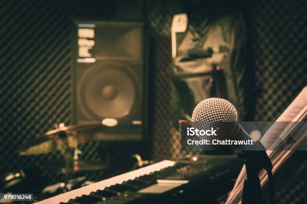 Close Up Instruments Music Background Conceptsingle Microphone With Keyboard And Drum Speaker In Home Recording Studiofree Space For Creative Design Text Wording Mock Up Template Wallpaper Stock Photo - Download Image Now