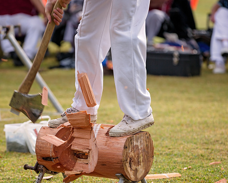 A wood chopping event at a country show