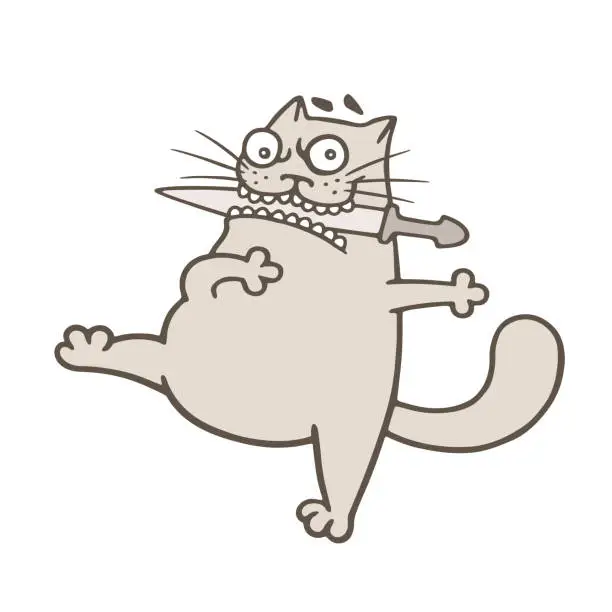 Vector illustration of Cartoon fat cat dancing with a knife. Vector illustration