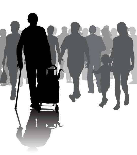 Walking Through The City Grandpa Senior man walking through a large crowd of people silhouette mother child crowd stock illustrations