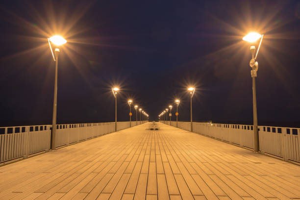 istock Illuminated pier by the sea at night 979026994