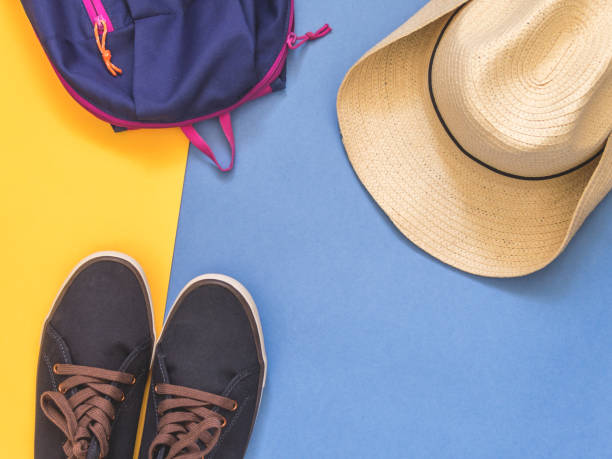 istock Flat lay traveler accessories on colored background with blank space for text. Top view travel or vacation concept. Summer background. 979027608