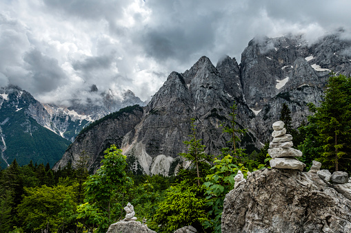 Stack of stones, Vršič Pass, Triglav National Park, Gorenjska, Julian Alps, Slovenia, Europe,no logos,Nikon D850