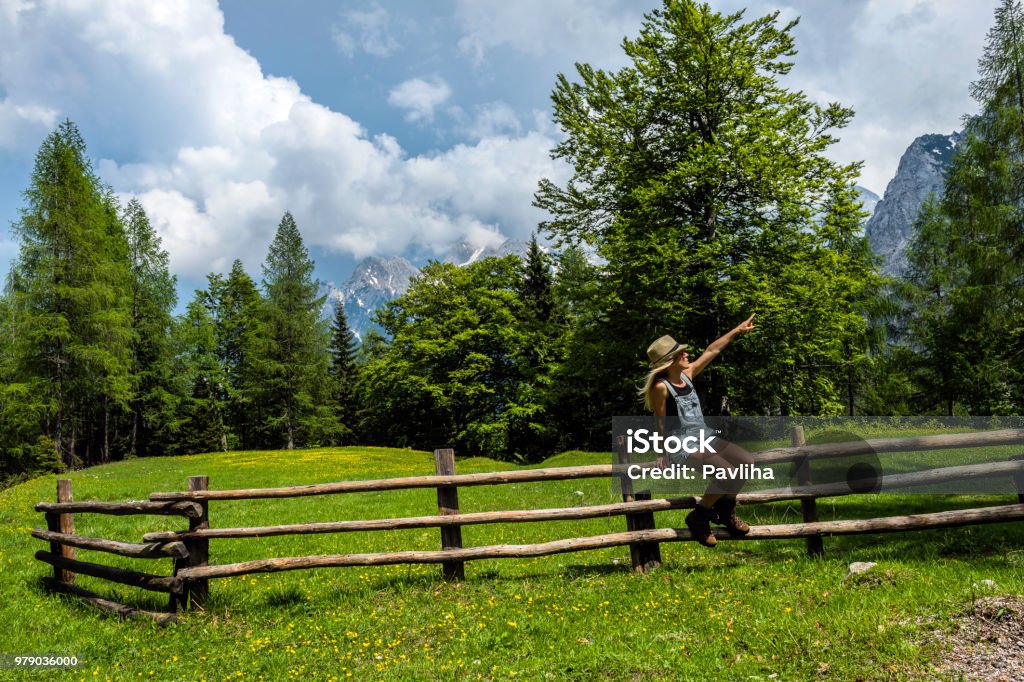 The young,Woman hiker enjoys the pass Vršič, Gorenjska, Triglav National Park, Slovenia, Julian Alps, Europe,no logos,Nikon D850 Adult Stock Photo