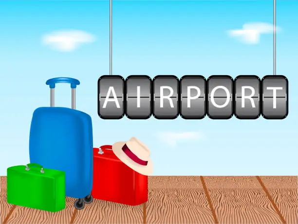 Vector illustration of Three suitcases with airport tablo on a wooden floor.