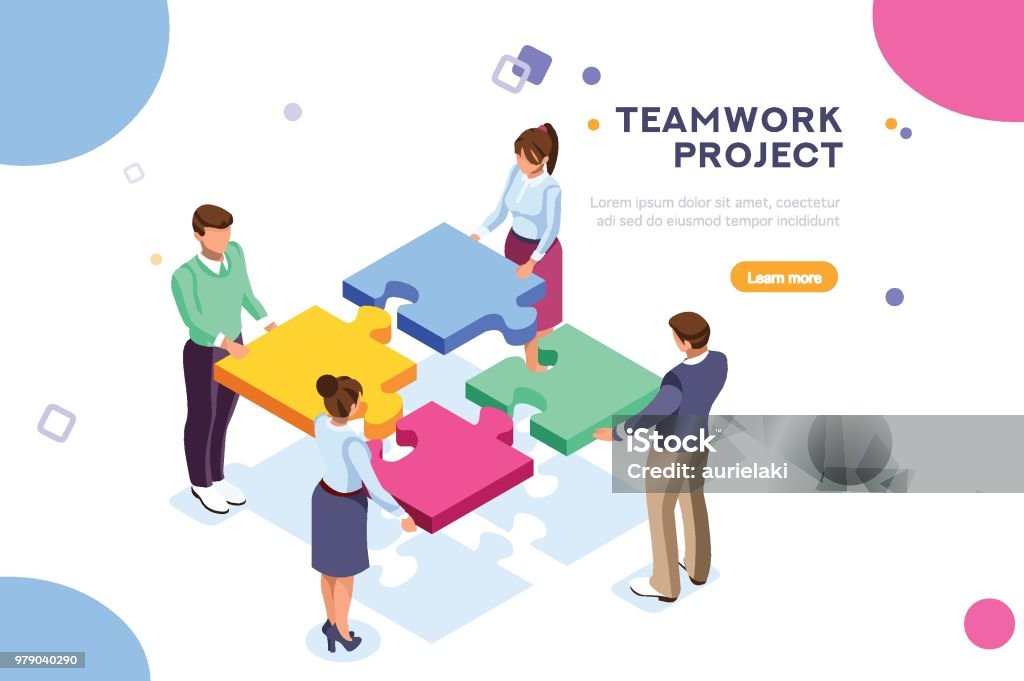 Teamwork Project Illustration Conceptual web seo illustration. Landing page for stylish website. Teamwork project, web agency or male young employee and new company project. Sticker for web banner. Flat isometric vector images. Teamwork stock vector