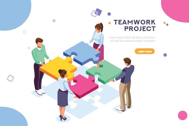 Teamwork Project Illustration Conceptual web seo illustration. Landing page for stylish website. Teamwork project, web agency or male young employee and new company project. Sticker for web banner. Flat isometric vector images. landing home interior stock illustrations