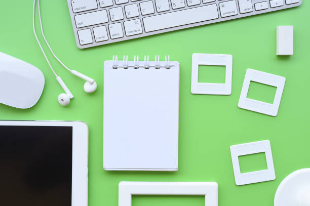 istock Top view of office desk table 979043788
